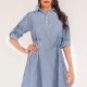 Full Size Striped Quarter-Button Roll-Tab Sleeve Shirt Dress